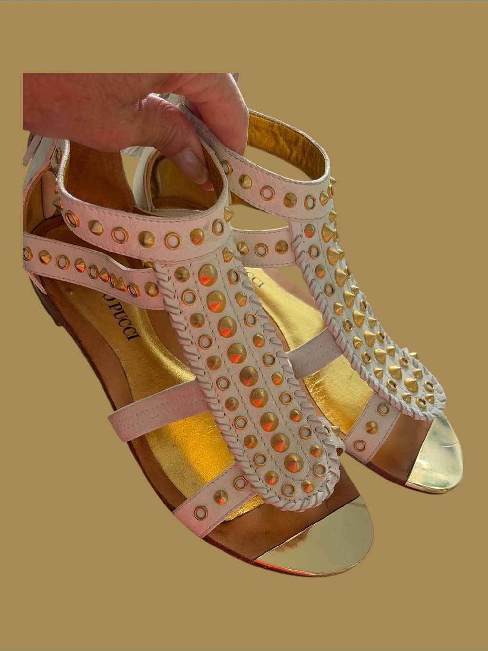 Emilio Pucci White Leather Studded T-Strap Flats with Gold Heel Trim